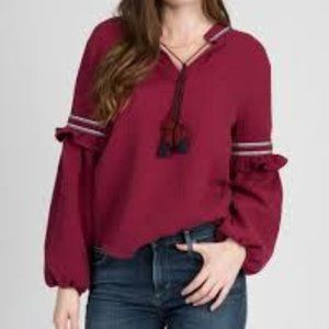 4OUR DREAMERS Gauze Tassel Blouse in Wine Size M
